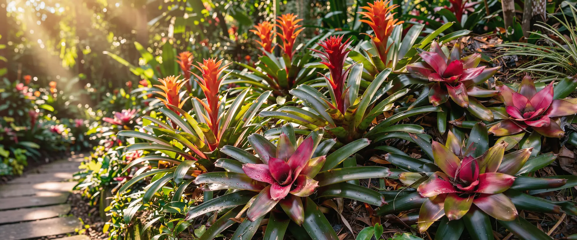 Bromélias Guzmania e Neoregelia em flor num jardim tropical com luz natural