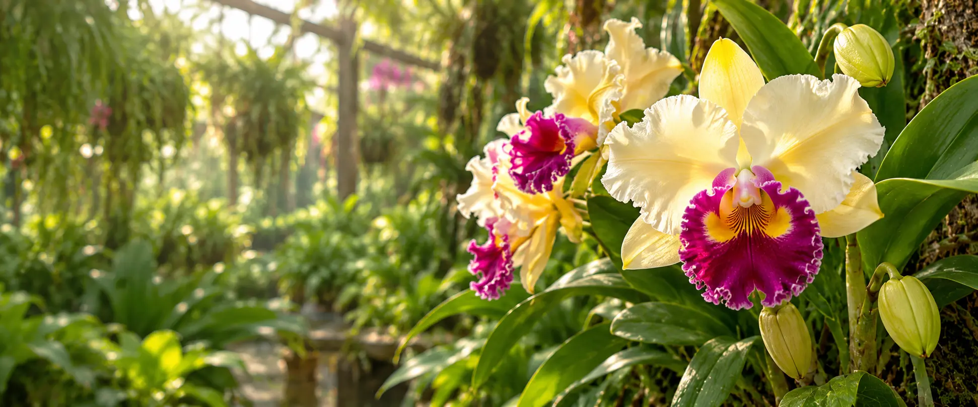 Orquídea Cattleya amarela com labelo púrpura em flor
