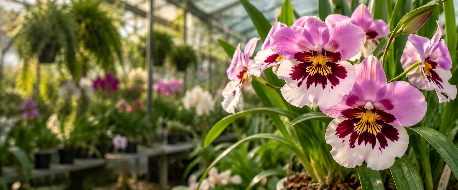 Orquídeas Miltoniopsis cor-de-rosa e brancas em flor numa estufa com luz natural