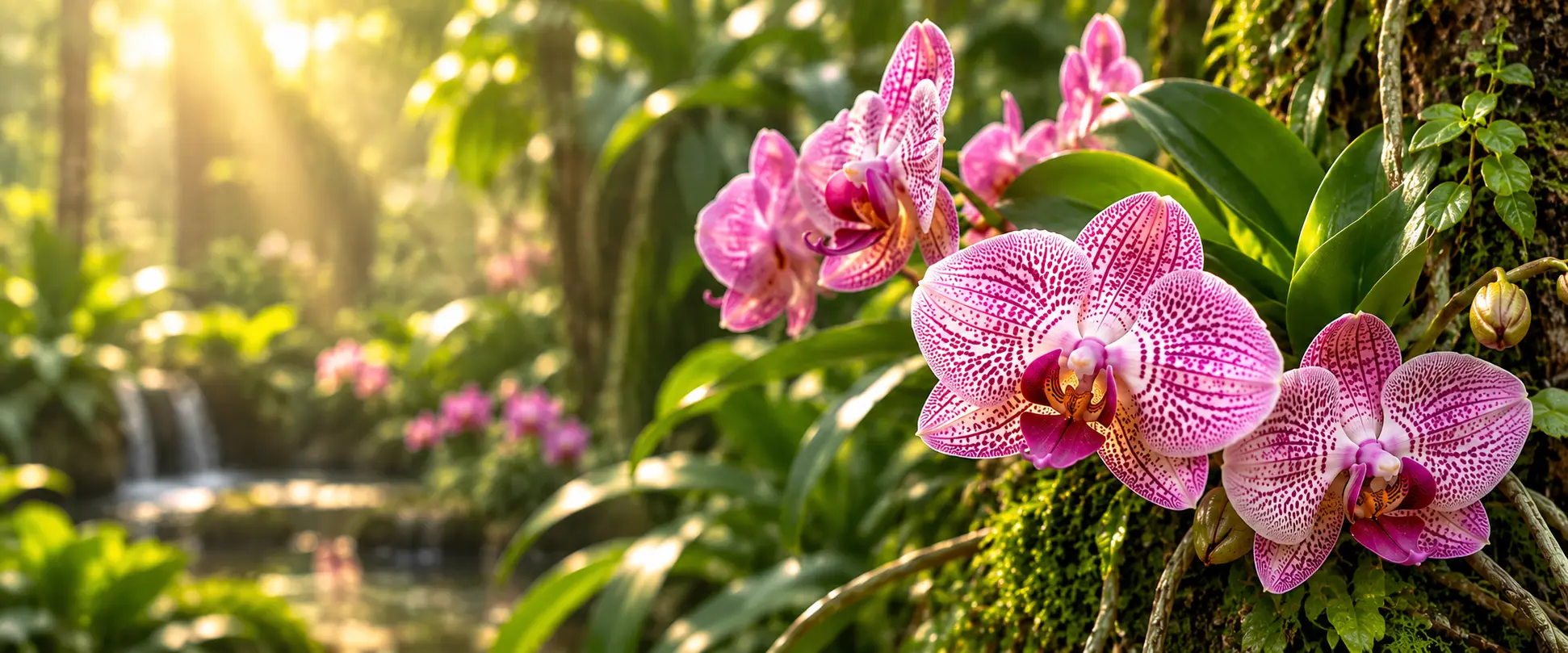 Orquídeas Phalaenopsis cor-de-rosa pintalgadas num tronco com musgo